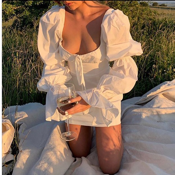 Puff Long Sleeve Mini White Dress - Picture 3 of 16